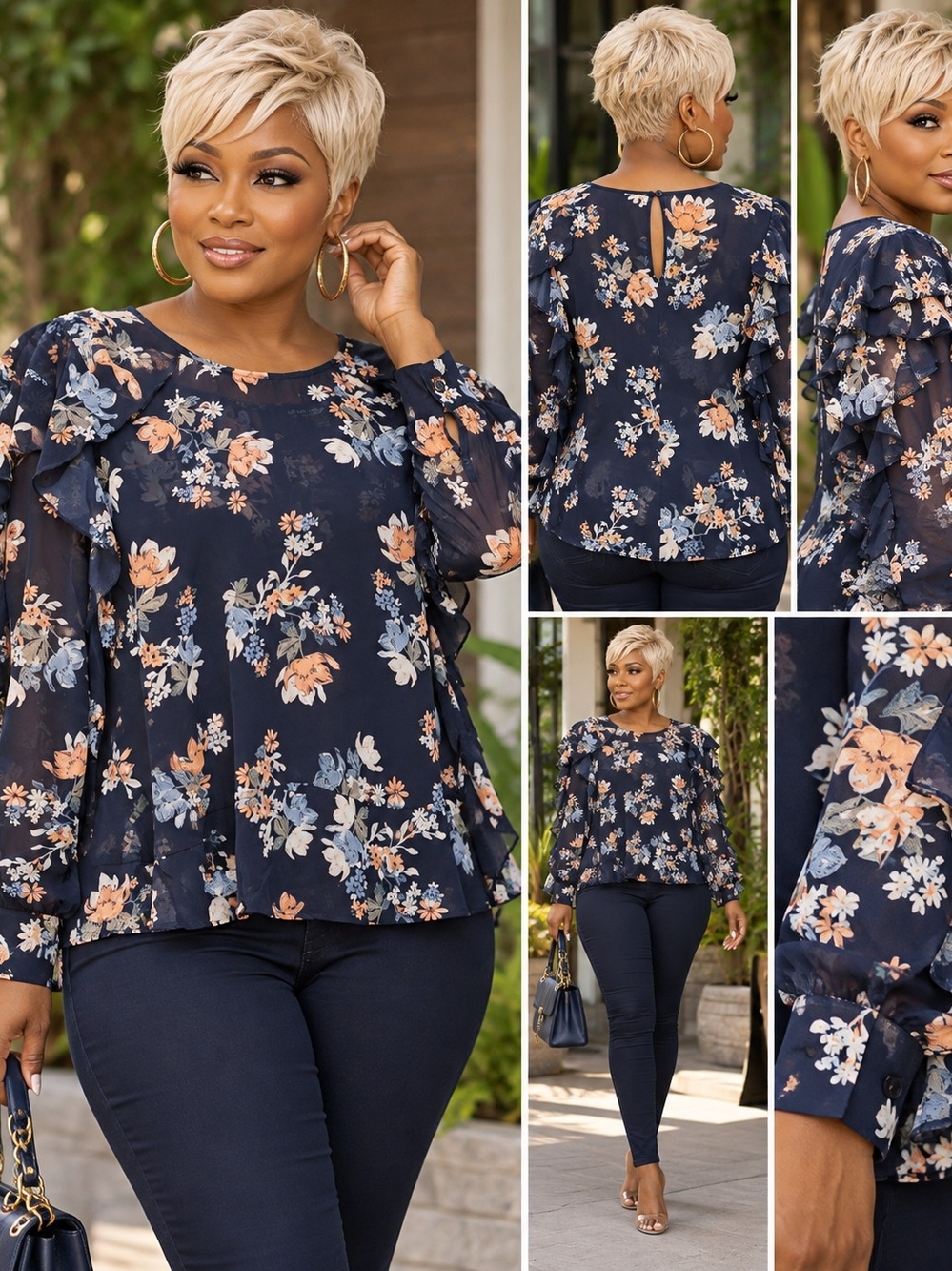 Sharagano Navy Floral Ruffle Sleeve Blouse